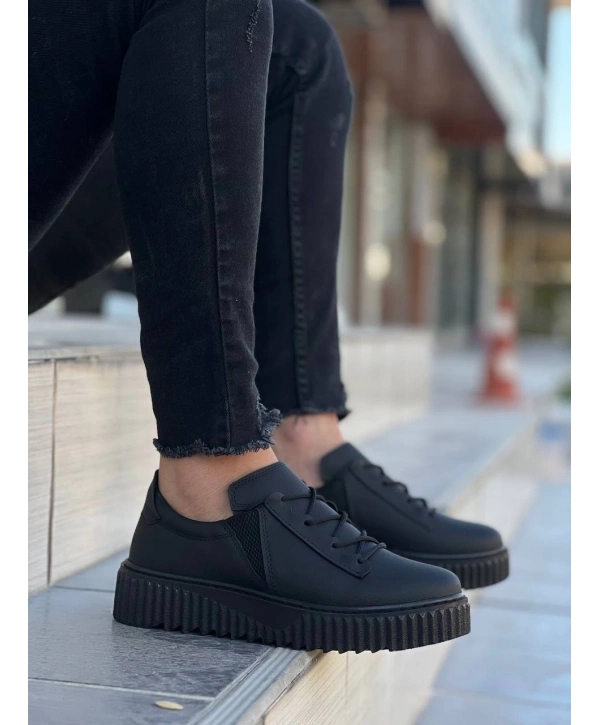 KB-X502  Kuback Siyah Cilt Yüksek Siyah Taban Bağcık Detaylı Lastikli Günlük Erkek Ayakkabı