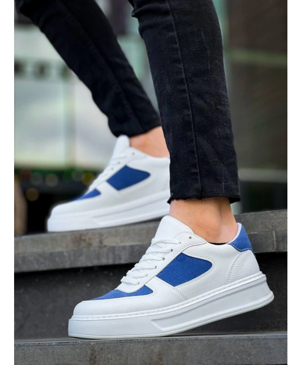 KB-X8 Kuback Beyaz Cilt Mavi Süet Detaylı Beyaz Yüksek Taban Günlük Spor Ayakkabı