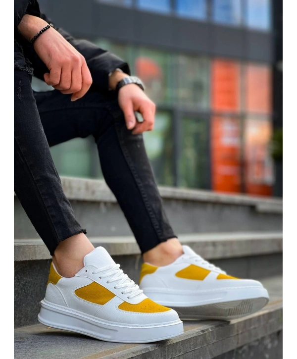 KB-X8 Kuback Beyaz Cilt Sarı Süet Detaylı Beyaz Yüksek Taban Günlük Spor Ayakkabı