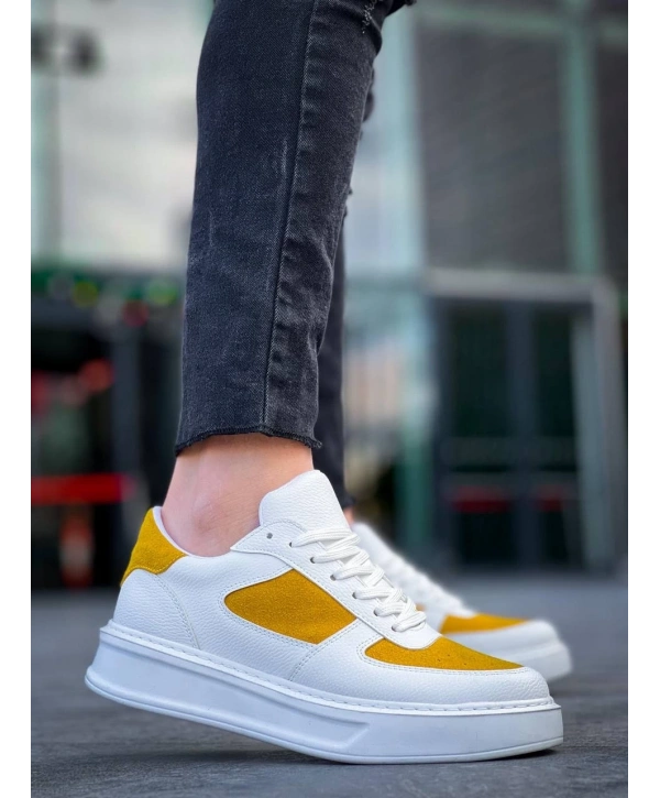 KB-X8 Kuback Beyaz Cilt Sarı Süet Detaylı Beyaz Yüksek Taban Günlük Spor Ayakkabı