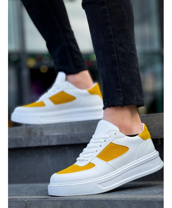 KB-X8 Kuback Beyaz Cilt Sarı Süet Detaylı Beyaz Yüksek Taban Günlük Spor Ayakkabı
