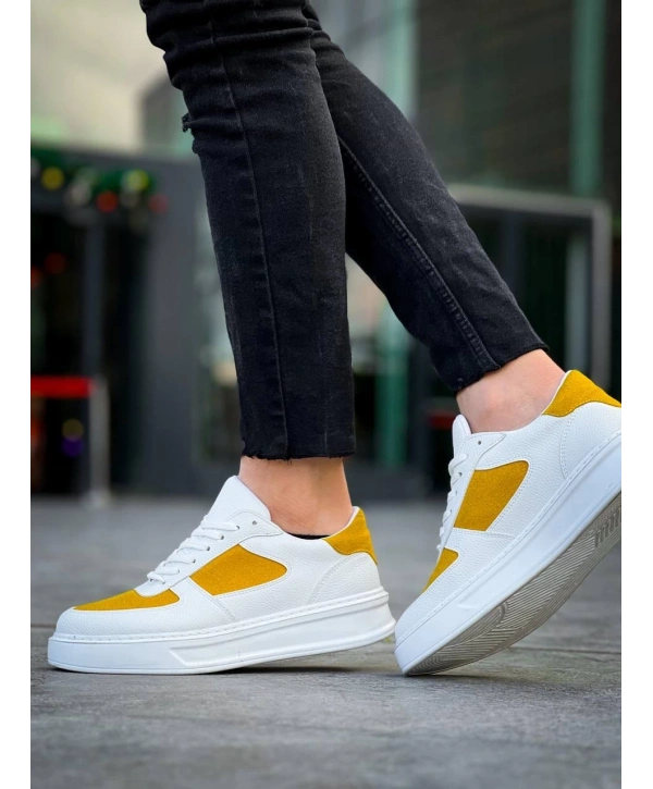 KB-X8 Kuback Beyaz Cilt Sarı Süet Detaylı Beyaz Yüksek Taban Günlük Spor Ayakkabı
