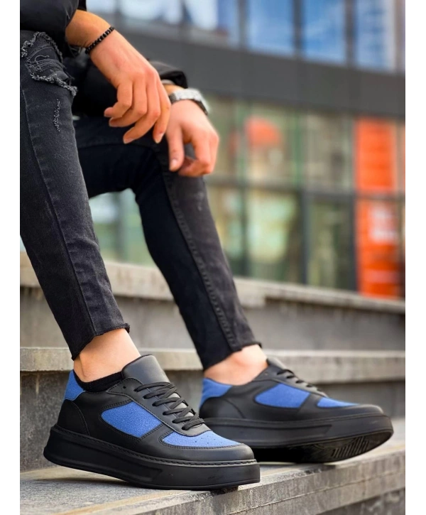 KB-X8 Kuback Siyah Cilt Mavi Süet Detaylı Siyah Yüksek Taban Günlük Spor Ayakkabı