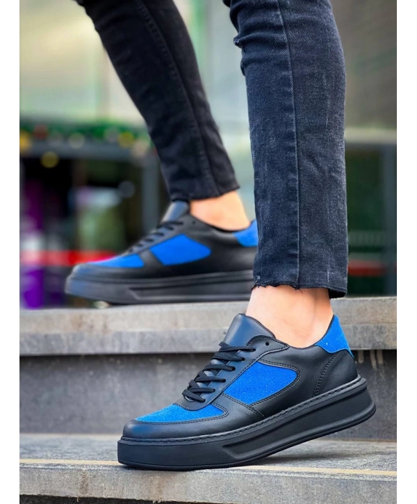 KB-X8 Kuback Siyah Cilt Mavi Süet Detaylı Siyah Yüksek Taban Günlük Spor Ayakkabı