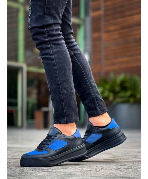 KB-X8 Kuback Siyah Cilt Mavi Süet Detaylı Siyah Yüksek Taban Günlük Spor Ayakkabı