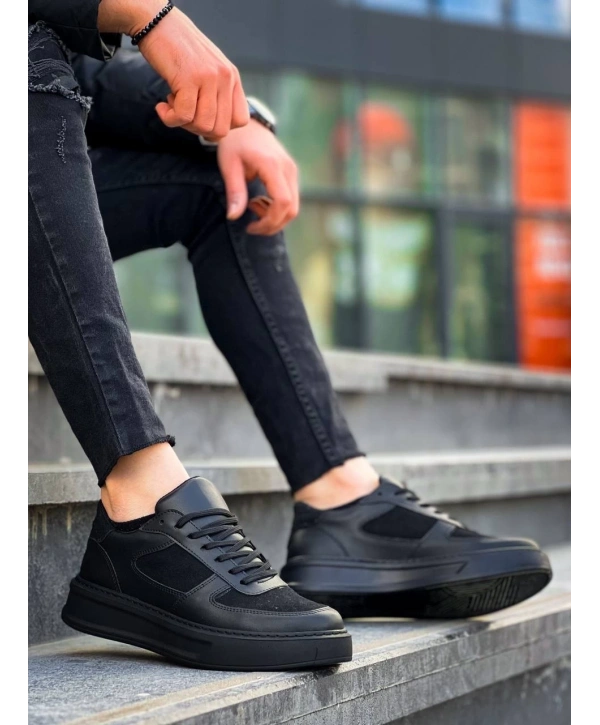 KB-X8 Kuback Siyah Cilt Siyah Süet  Detaylı Siyah Yüksek Taban Günlük Spor Ayakkabı