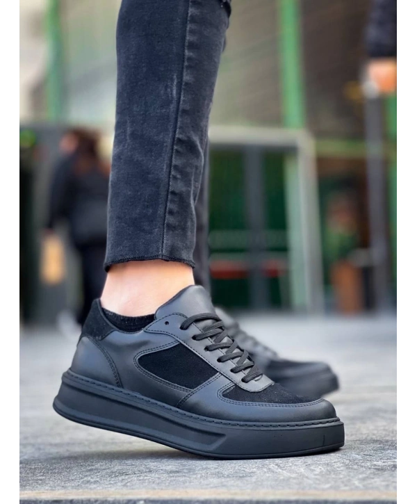 KB-X8 Kuback Siyah Cilt Siyah Süet  Detaylı Siyah Yüksek Taban Günlük Spor Ayakkabı