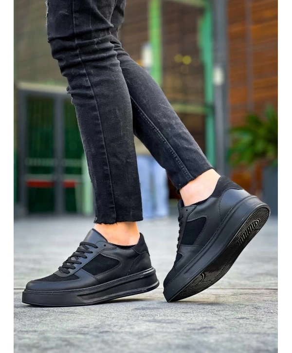 KB-X8 Kuback Siyah Cilt Siyah Süet  Detaylı Siyah Yüksek Taban Günlük Spor Ayakkabı