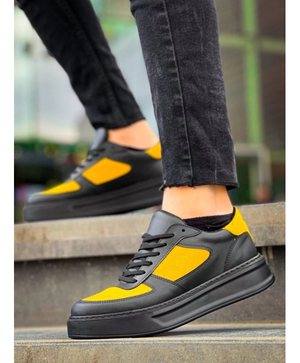 KB-X8 Kuback Siyah Sarı Cilt Yüksek Taban Günlük Spor Ayakkabı