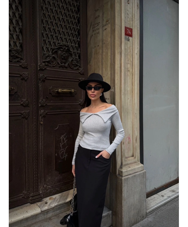 Kelebek yaka uzun kol bluz Gri