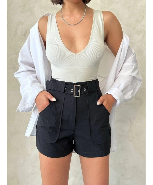 Kemer detaylı gabardin şort siyah s25289