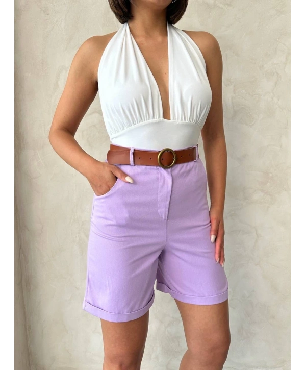 Kemerli gabardin şort lila s25735