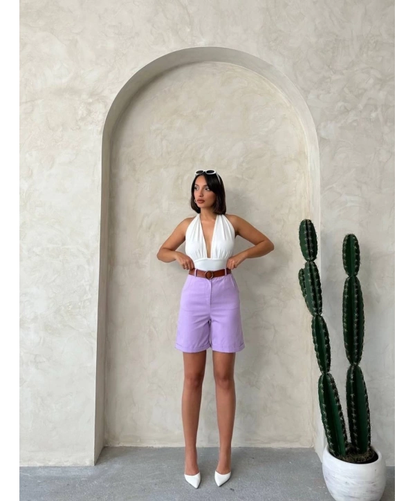 Kemerli gabardin şort lila s25735