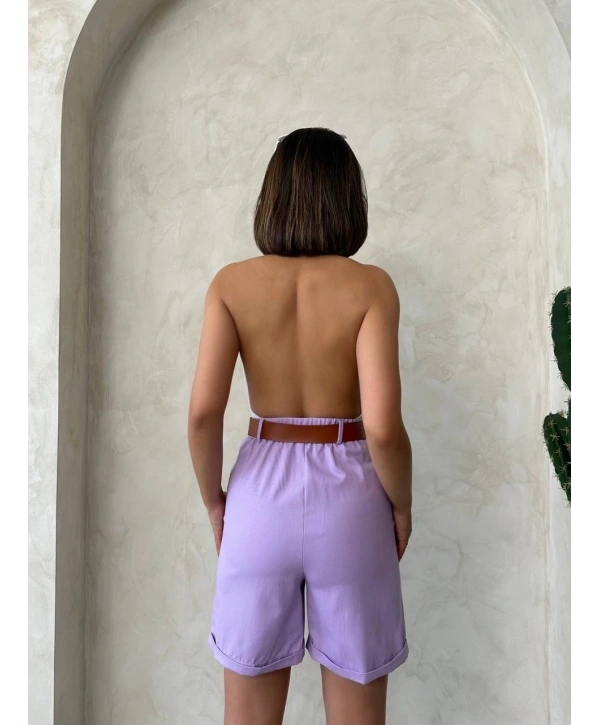 Kemerli gabardin şort lila s25735