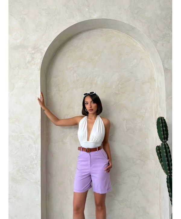 Kemerli gabardin şort lila s25735
