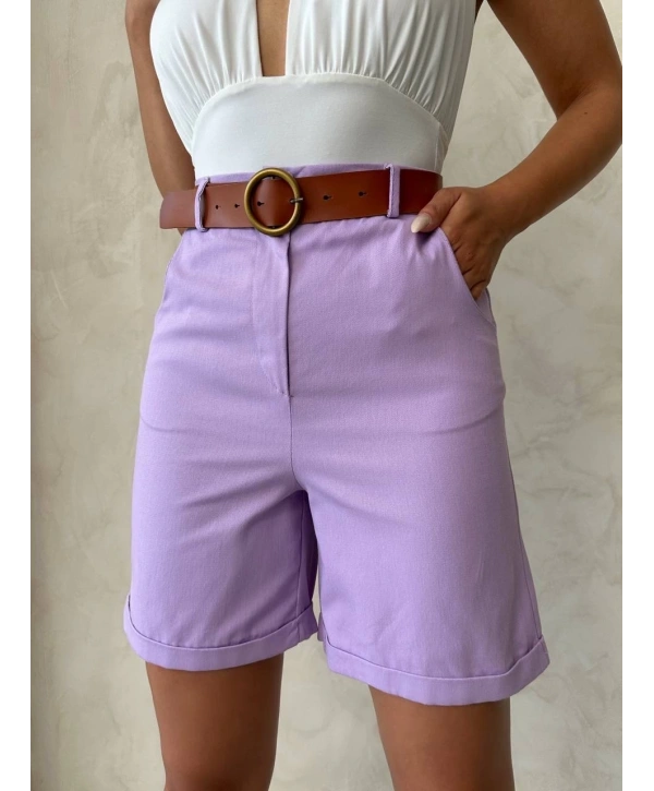 Kemerli gabardin şort lila s25735