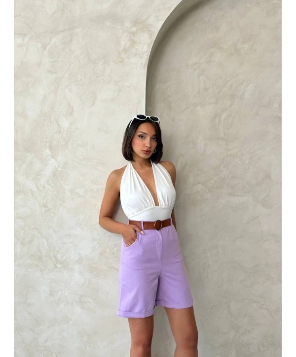 Kemerli gabardin şort lila s25735