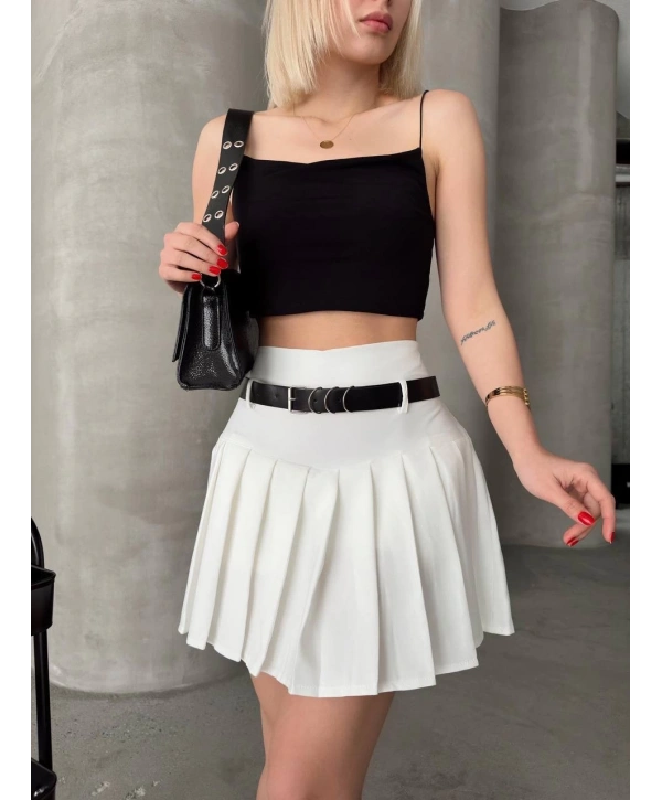 Kemerli piliseli şort etek beyaz s25305