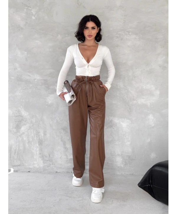 Kendinden ince kemerli deri pantolon kahve t1178