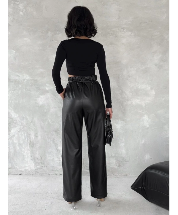 Kendinden ince kemerli deri pantolon siyah t1178