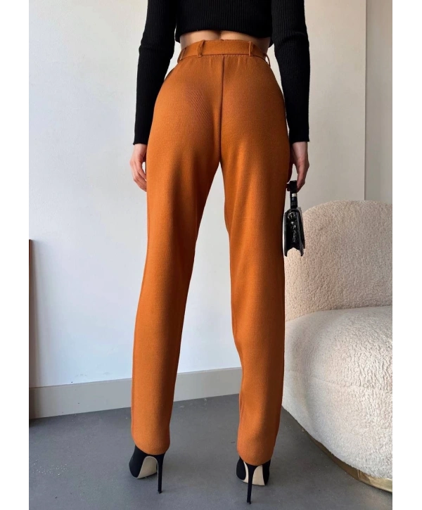 Kendinden kemerli triko pantolon camel