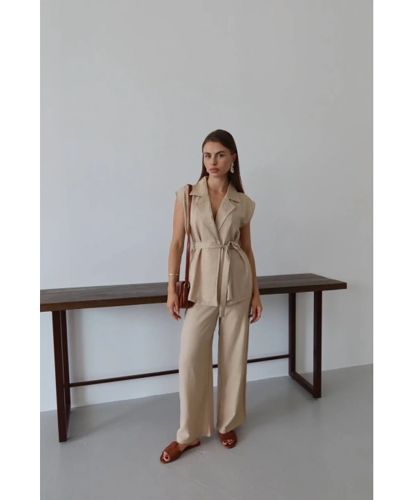 Keten yelek pantolon takım bej pt