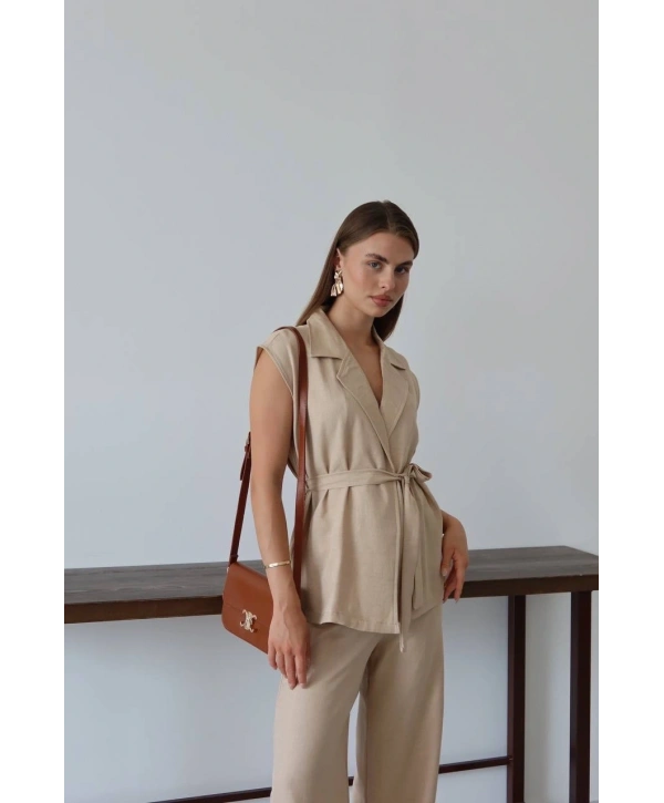 Keten yelek pantolon takım bej pt
