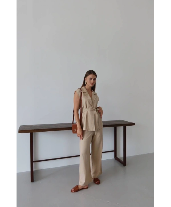 Keten yelek pantolon takım bej pt