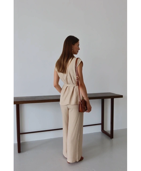Keten yelek pantolon takım bej pt