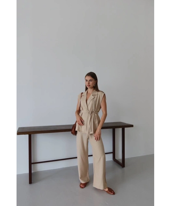 Keten yelek pantolon takım bej pt