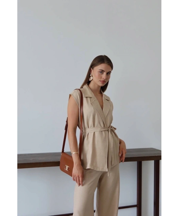Keten yelek pantolon takım bej pt