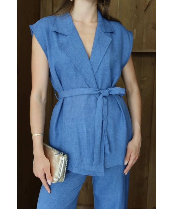 Keten yelek pantolon takım indigo pt