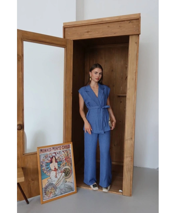 Keten yelek pantolon takım indigo pt