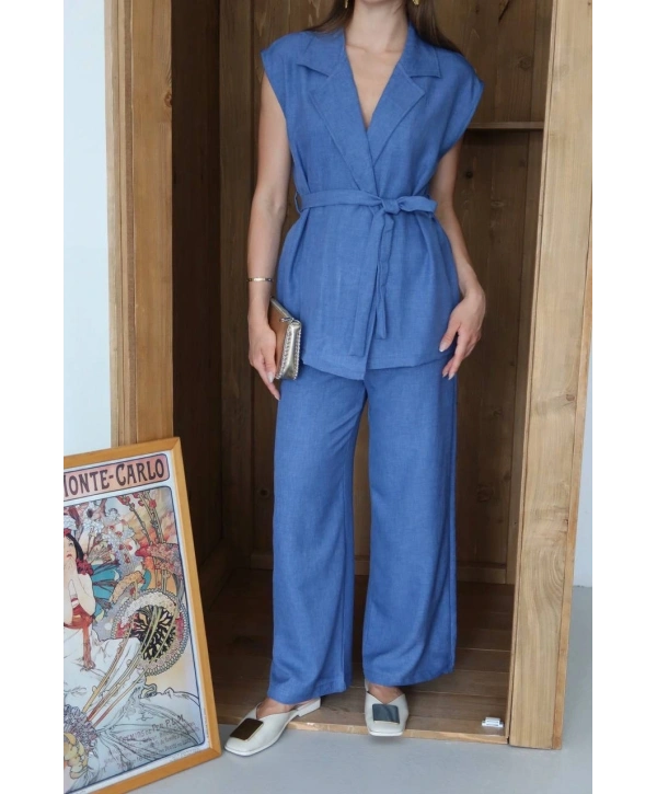 Keten yelek pantolon takım indigo pt