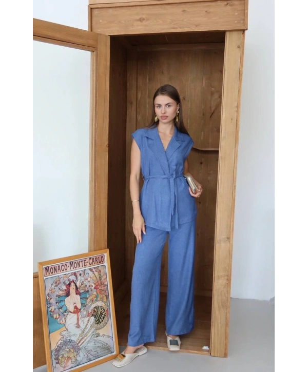 Keten yelek pantolon takım indigo pt
