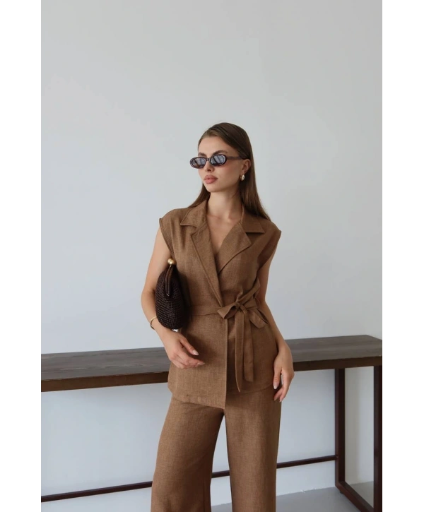 Keten yelek pantolon takım kahve pt