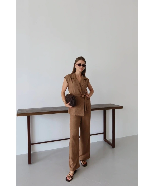 Keten yelek pantolon takım kahve pt