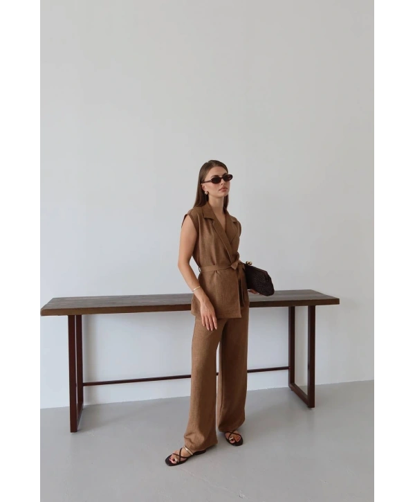 Keten yelek pantolon takım kahve pt