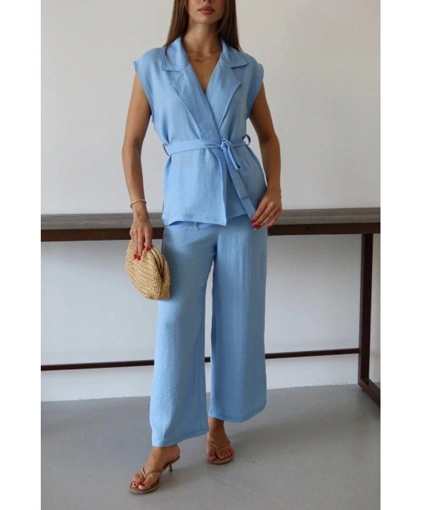 Keten yelek pantolon takım mavi pt