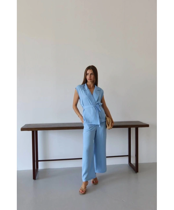 Keten yelek pantolon takım mavi pt