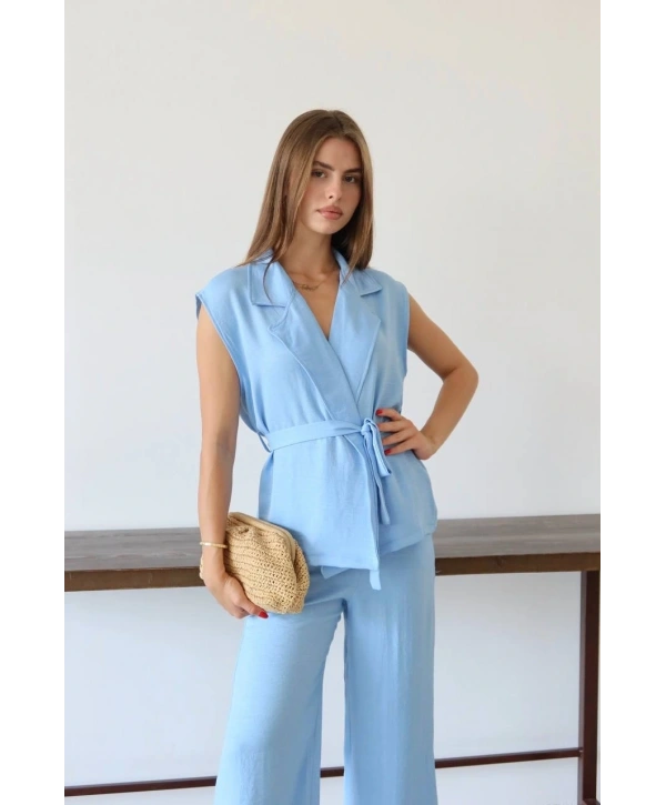 Keten yelek pantolon takım mavi pt