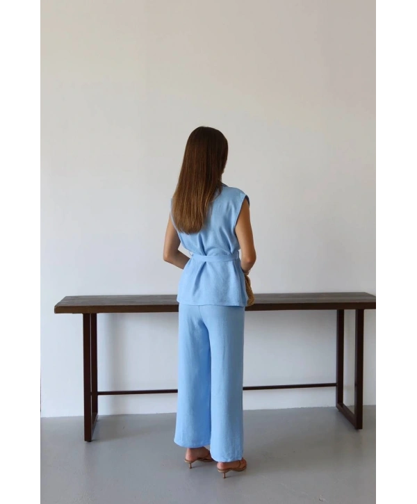 Keten yelek pantolon takım mavi pt