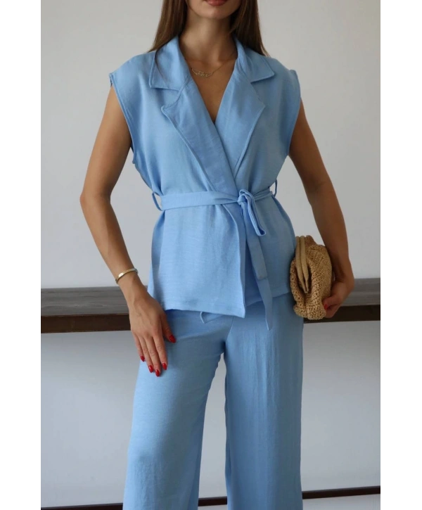 Keten yelek pantolon takım mavi pt