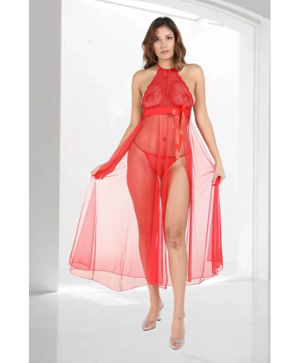 Kırmızı Dantelli Tül Gecelik - M057