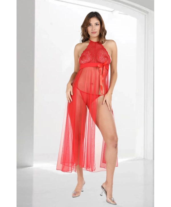 Kırmızı Dantelli Tül Gecelik - M057