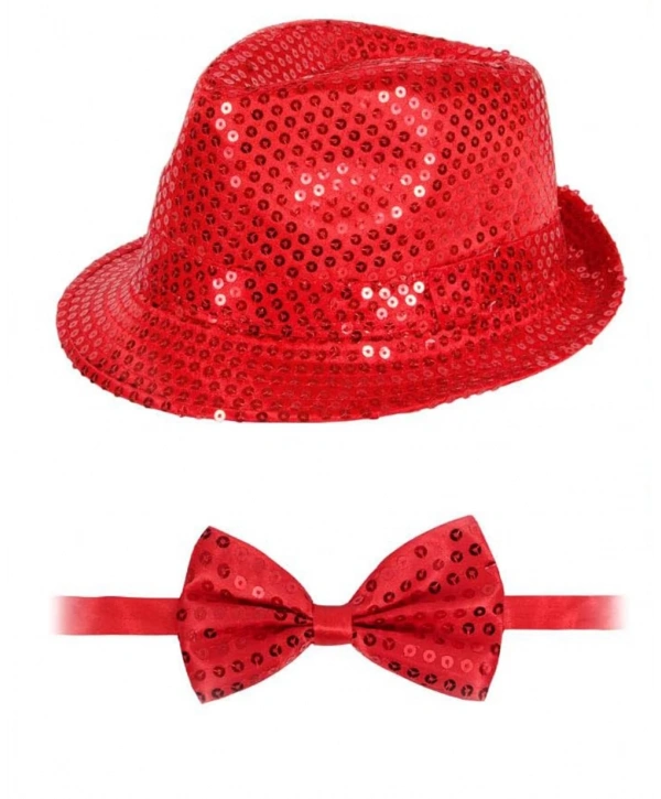 Kırmızı Payetli Şapka Ve Papyon Seti – Parıltılı Yetişkin Kostüm Seti