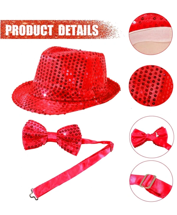 Kırmızı Payetli Şapka Ve Papyon Seti – Parıltılı Yetişkin Kostüm Seti