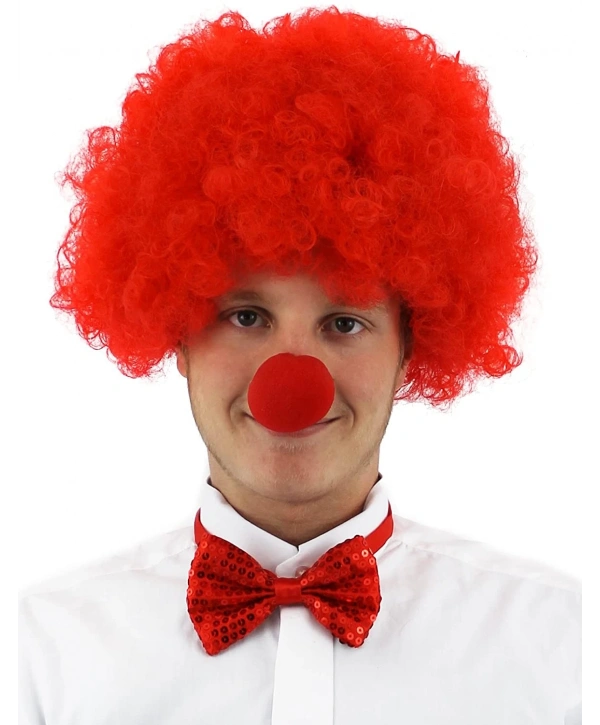 Kırmızı Renk Kıvırcık Afro Bonus Peruk Takma Saç Ve Kırmızı Burun Seti