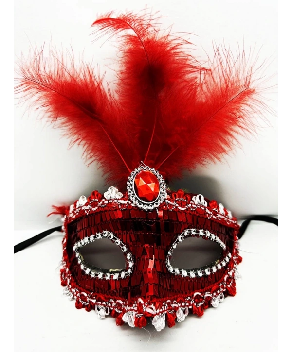 Kırmızı Renk Payetli Pullu Tüylü Parti Maskesi 17x20 Cm