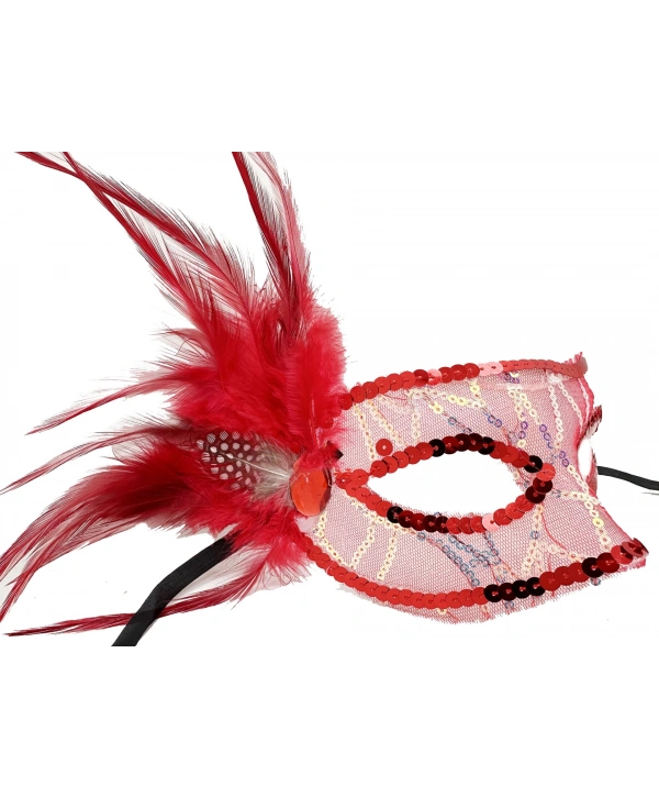Kırmızı Renk Yandan Tüylü Pul Payet İşlemeli Parti Maskesi 23x12 Cm